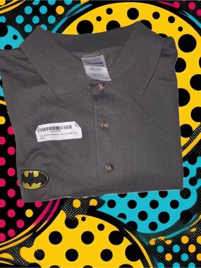 Gildan Charcoal Collared Polo Style Shirt with Yellow Batman Patch Men's S